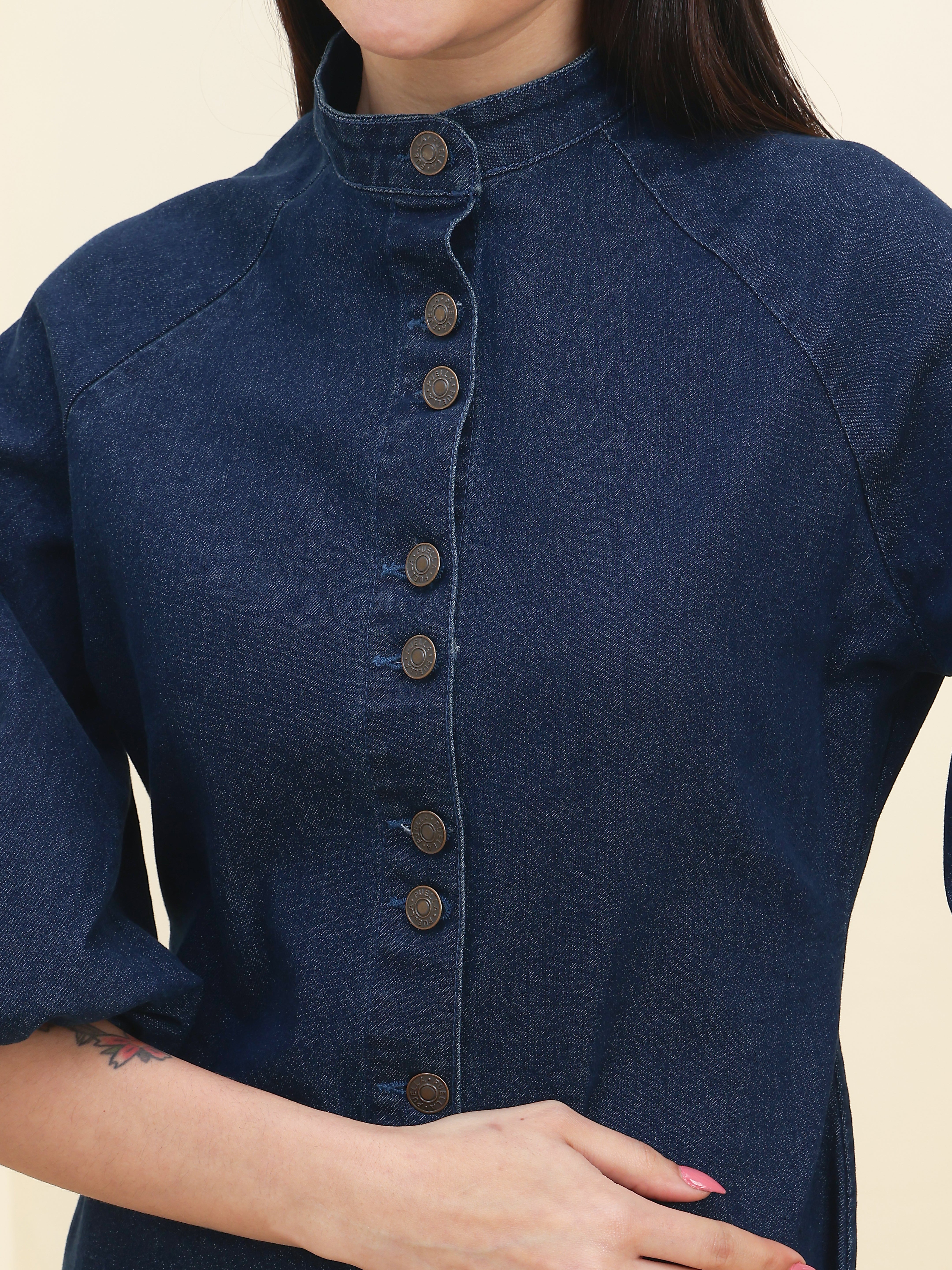 DOZER Dark Blue Denim Mandarin Collar Midi Dress