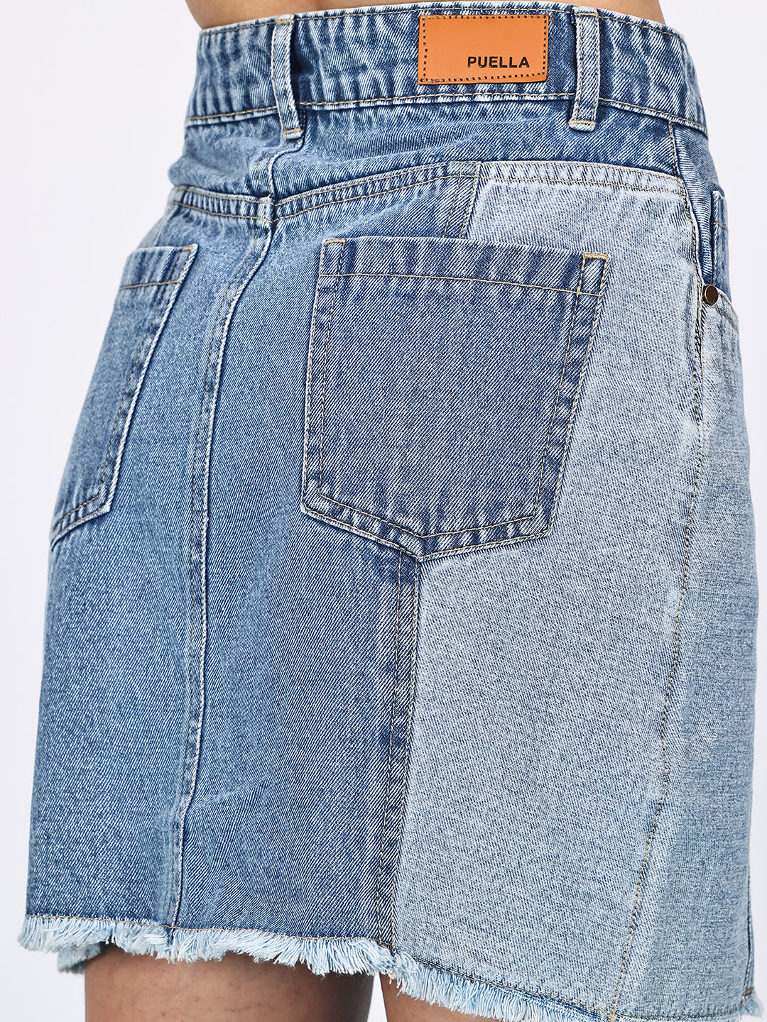 PUELLA Women's Blue Colourblocked A-Line Above-Knee Denim Skirt