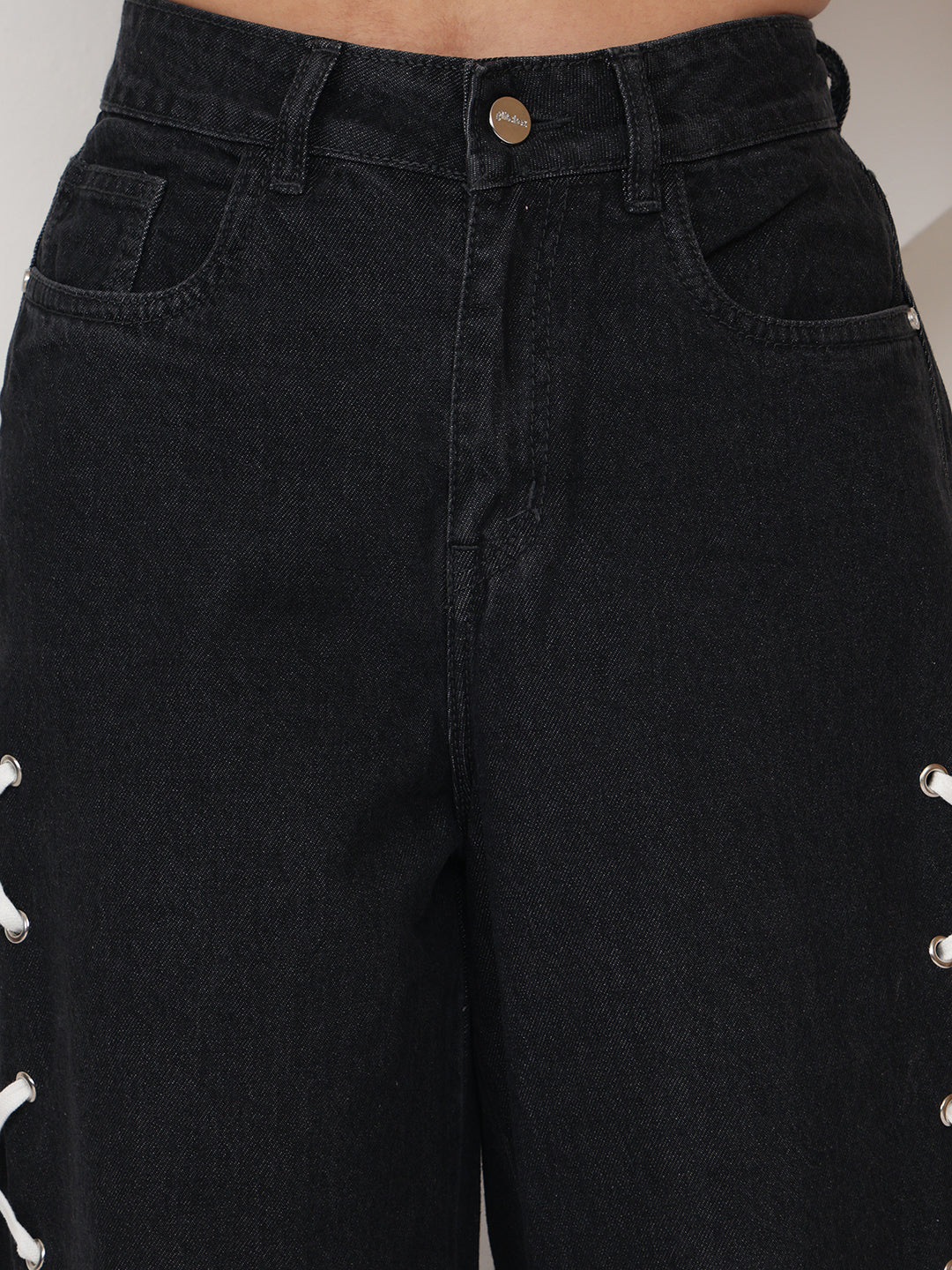 PUELLA Women Dark Black High-Rise Wide Leg Jeans with Side Detailing