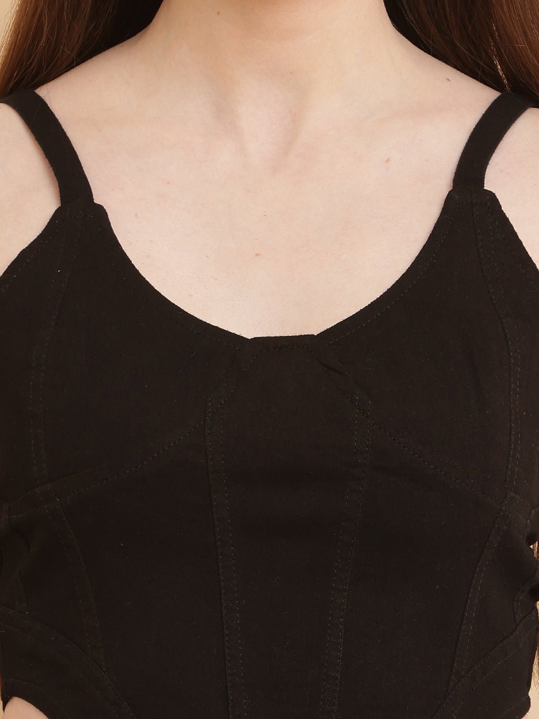 PUELLA Women’s Black Denim Corset Crop Top with Spaghetti Straps