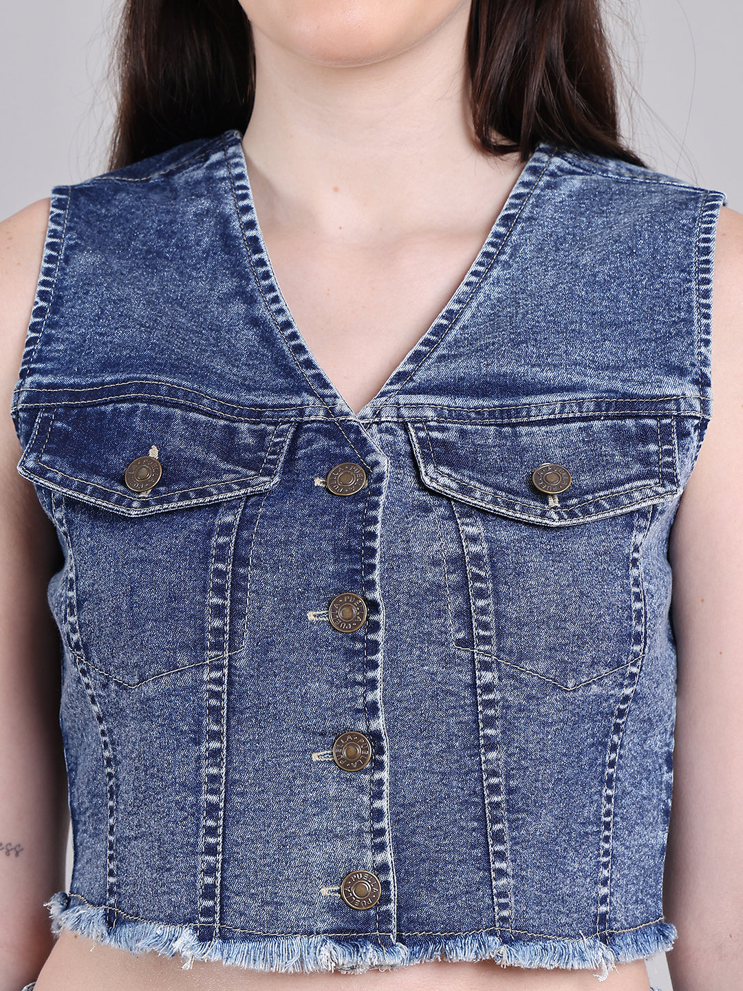 PUELLA Women’s Denim Sleeveless Crop Top with Button Front & Frayed Hem