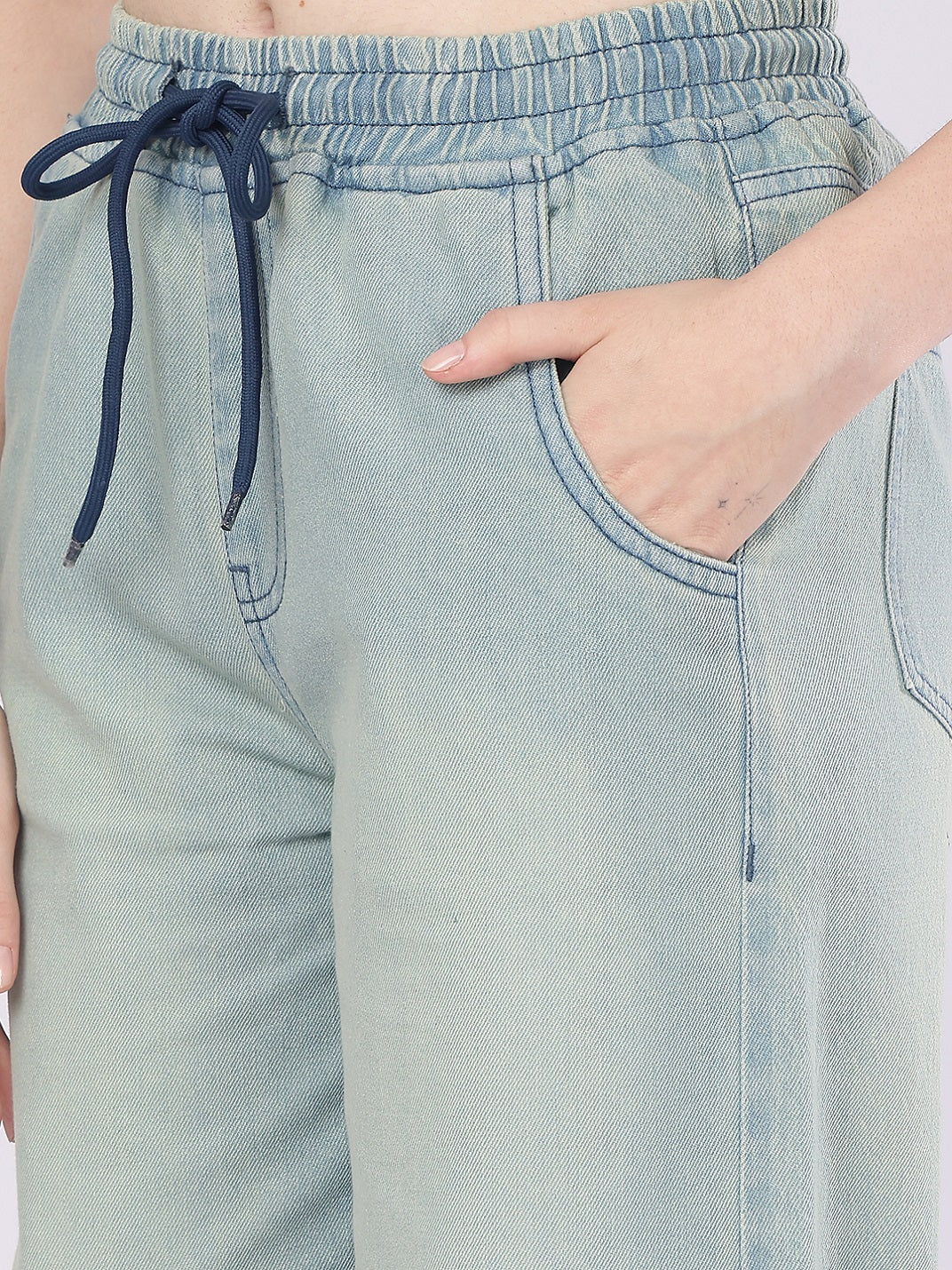 PUELLA Women's Relaxed Fit Light Blue Wide-Leg Denim Pants with Drawstring