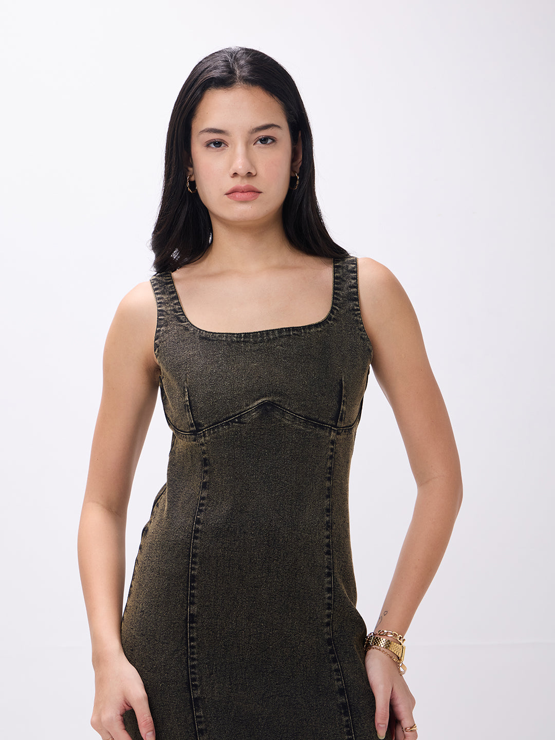 PUELLA Women’s Olive Washed Sleeveless Denim Bodycon Midi Dress