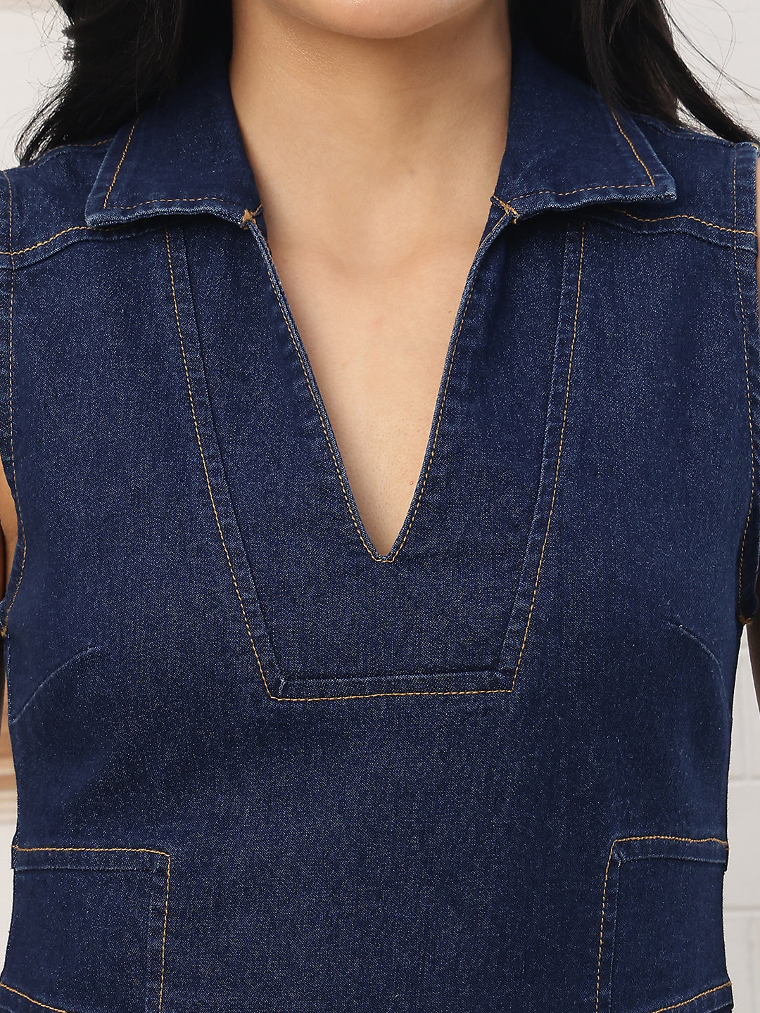Women's Deep Indigo Sleeveless Denim Midi Dress – Sophisticated V-Neck Notch Collar Fit-and-Flare Dress