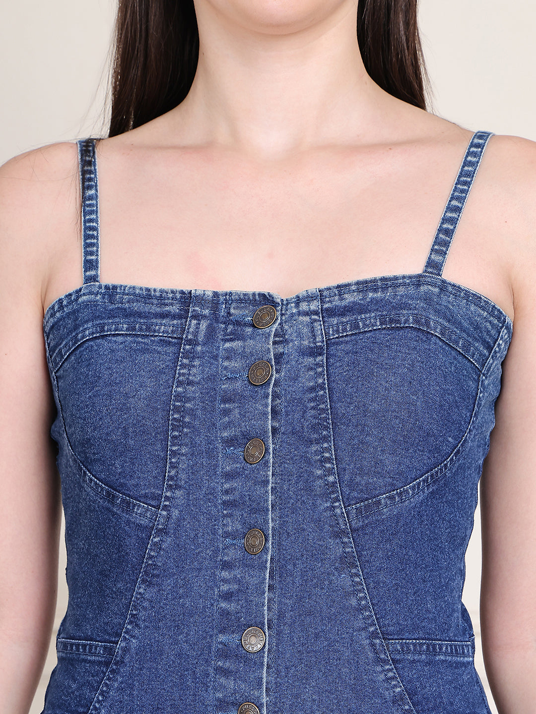 PUELLA Women’s Strappy Denim Maxi Dress with Front Slit & Button Detailing