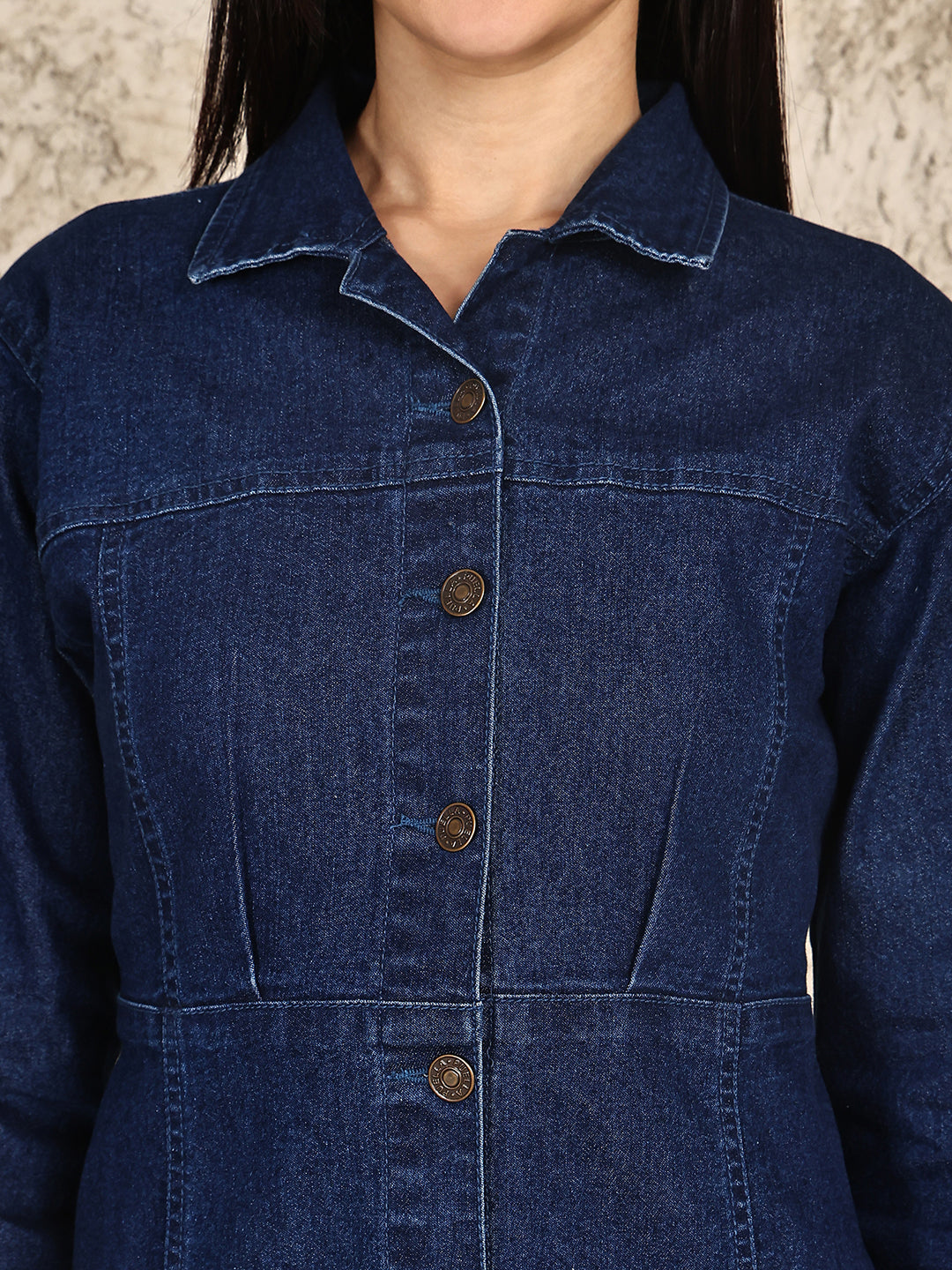 PUELLA Women’s Dark Blue Button-Down Denim Shirt Dress with Long Sleeves