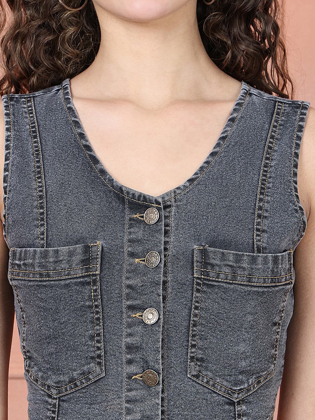 PUELLA Women’s Sleeveless Denim Crop Top with Button Front & Utility Pockets