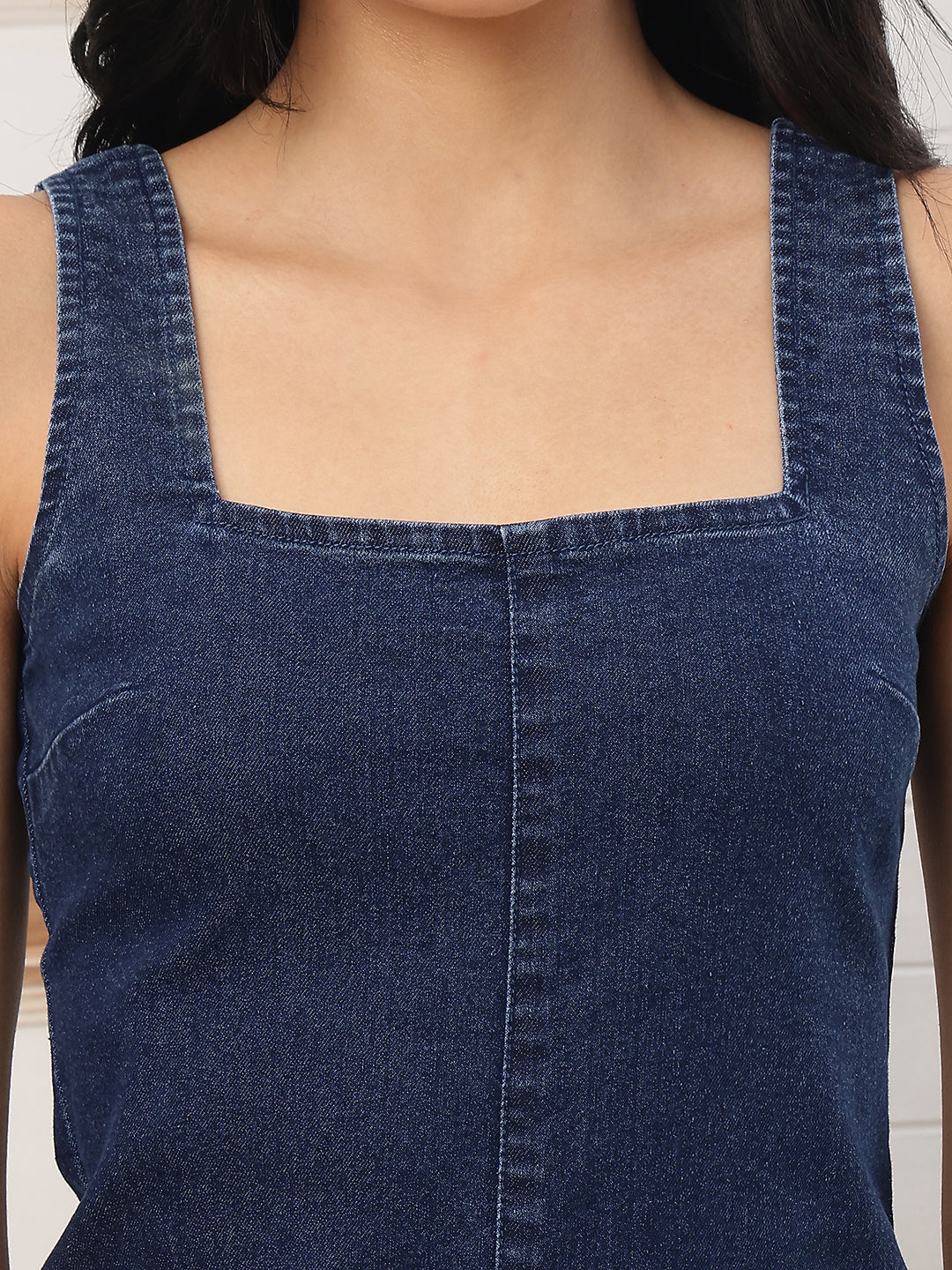 PUELLA Women Navy Blue Solid Denim Bodycon Dress with Front Zip Closure
