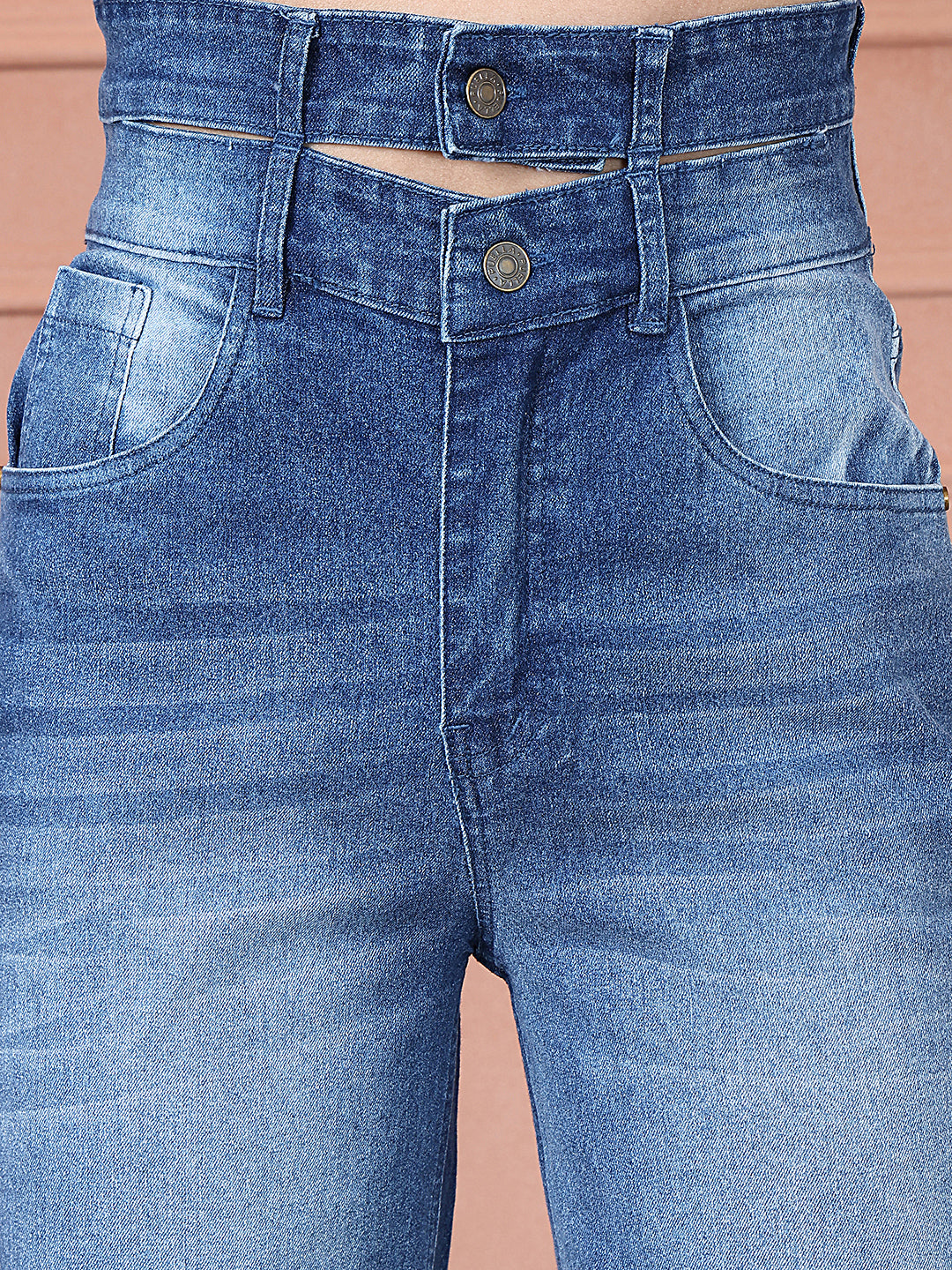 PUELLA Women Mid Blue Washed High-Rise Double Button Wide-Leg Jeans