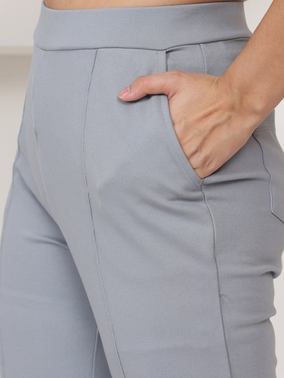 PUELLA Women’s Grey High-Rise Knitted Formal Pants