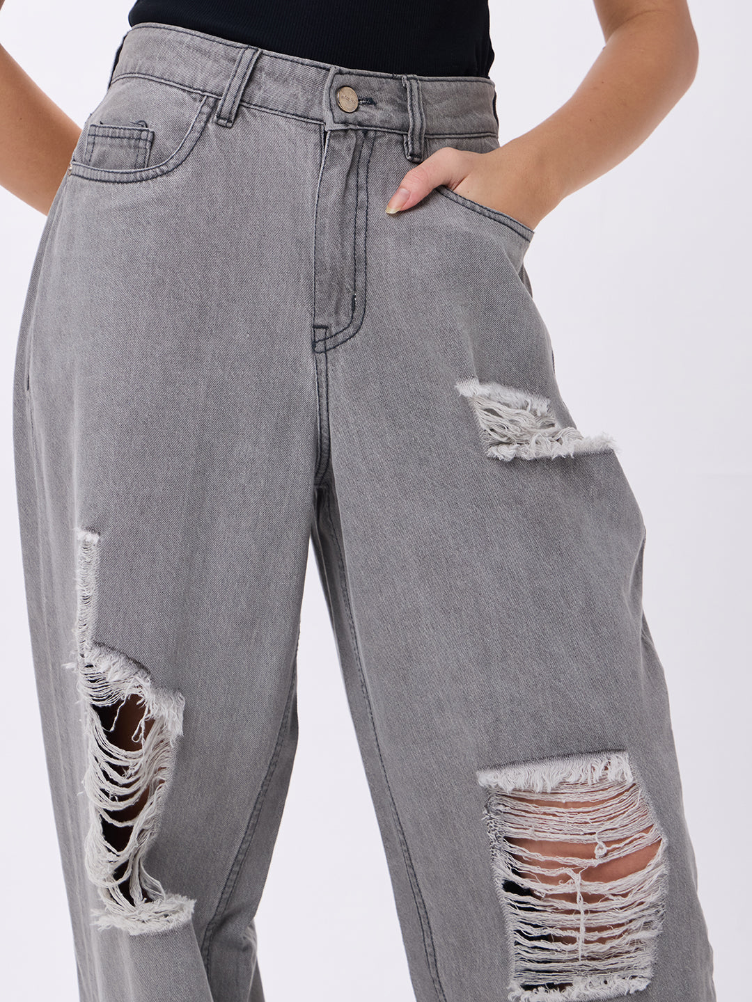 PUELLA Women High-Rise Grey Distressed Wide-Leg Jeans