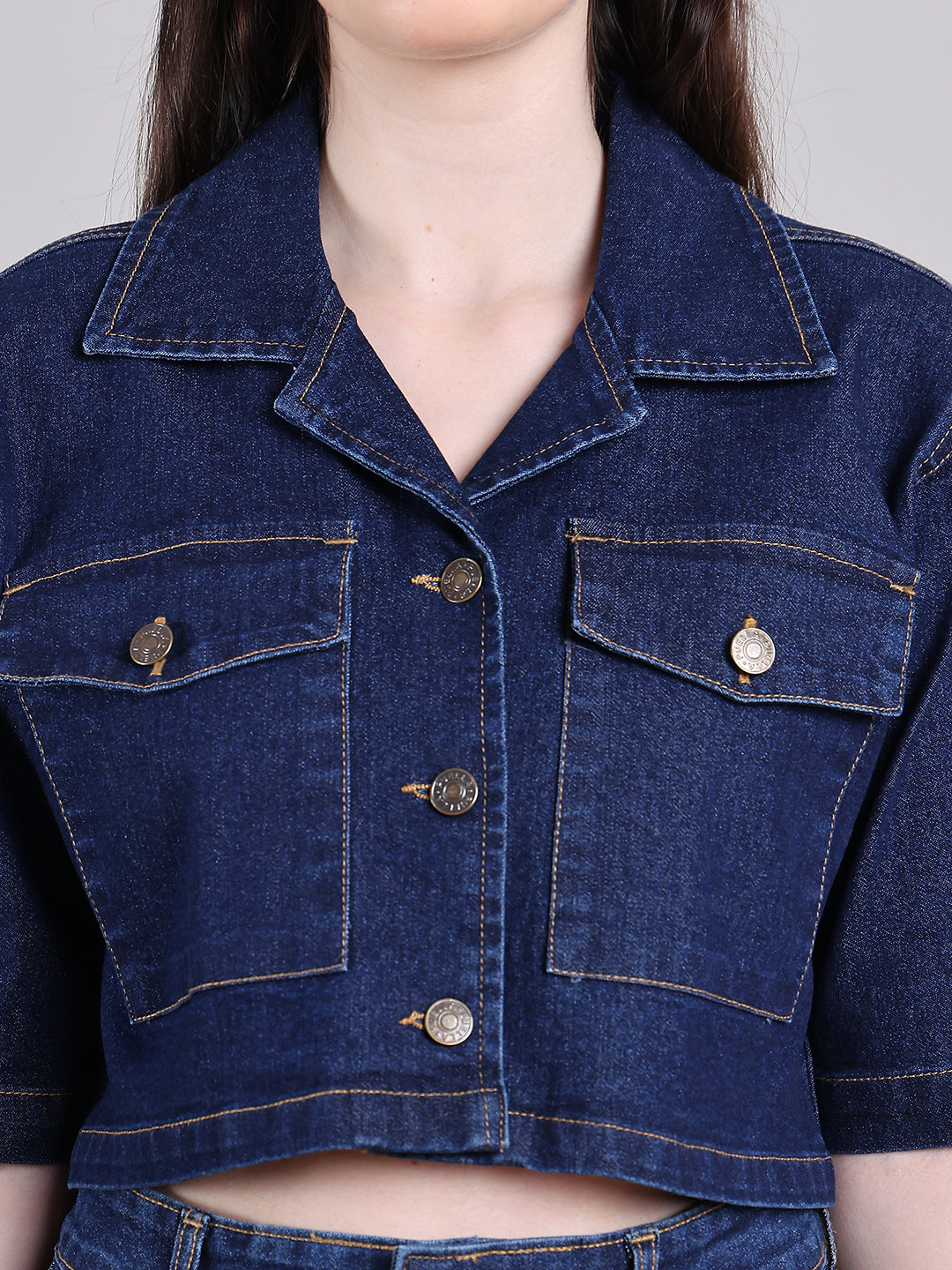 PUELLA Women’s Denim Crop Jacket with Half Sleeves & Button Closure