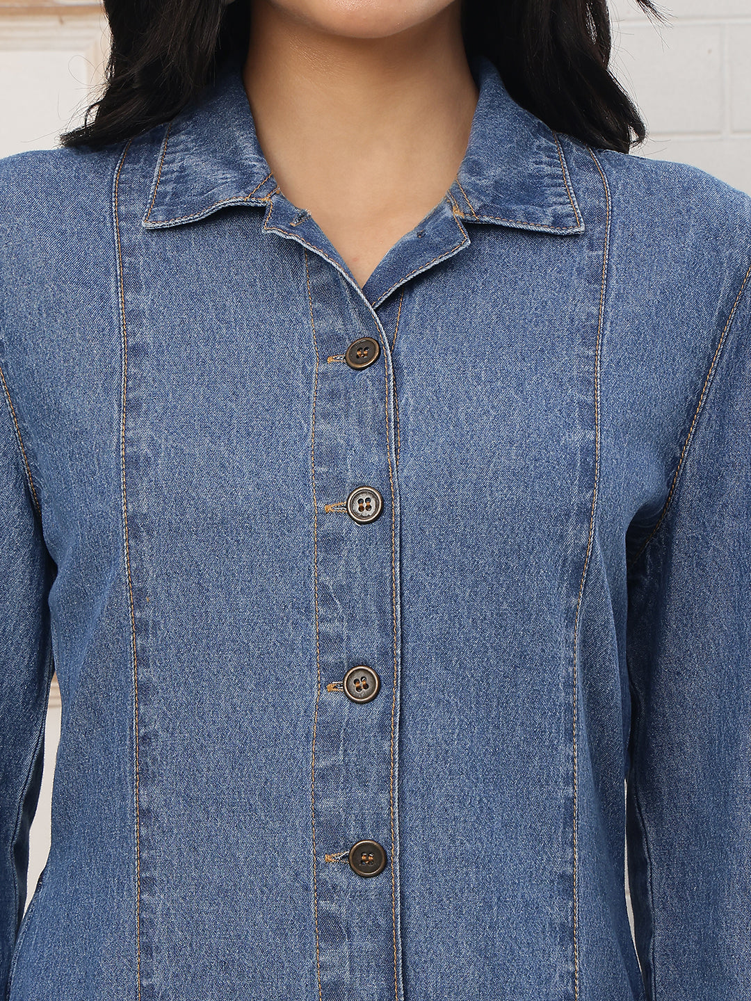 Women's Medium Wash Long Sleeve Denim Shirt Dress – Elegant Full Button-Down A-Line Mini Dress with Puff Sleeves