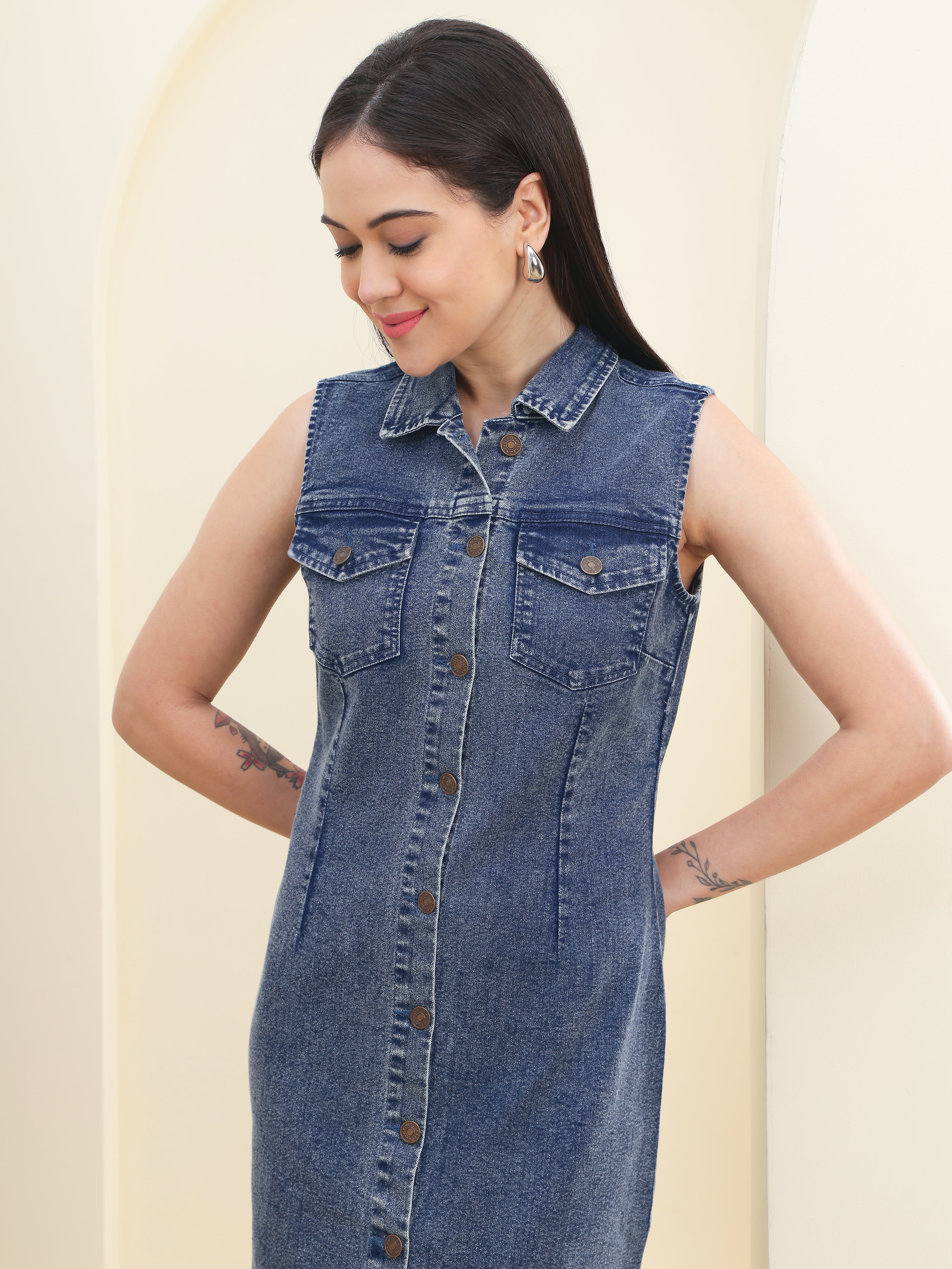 DOZER Dark Blue Denim Button-Down Maxi Dress