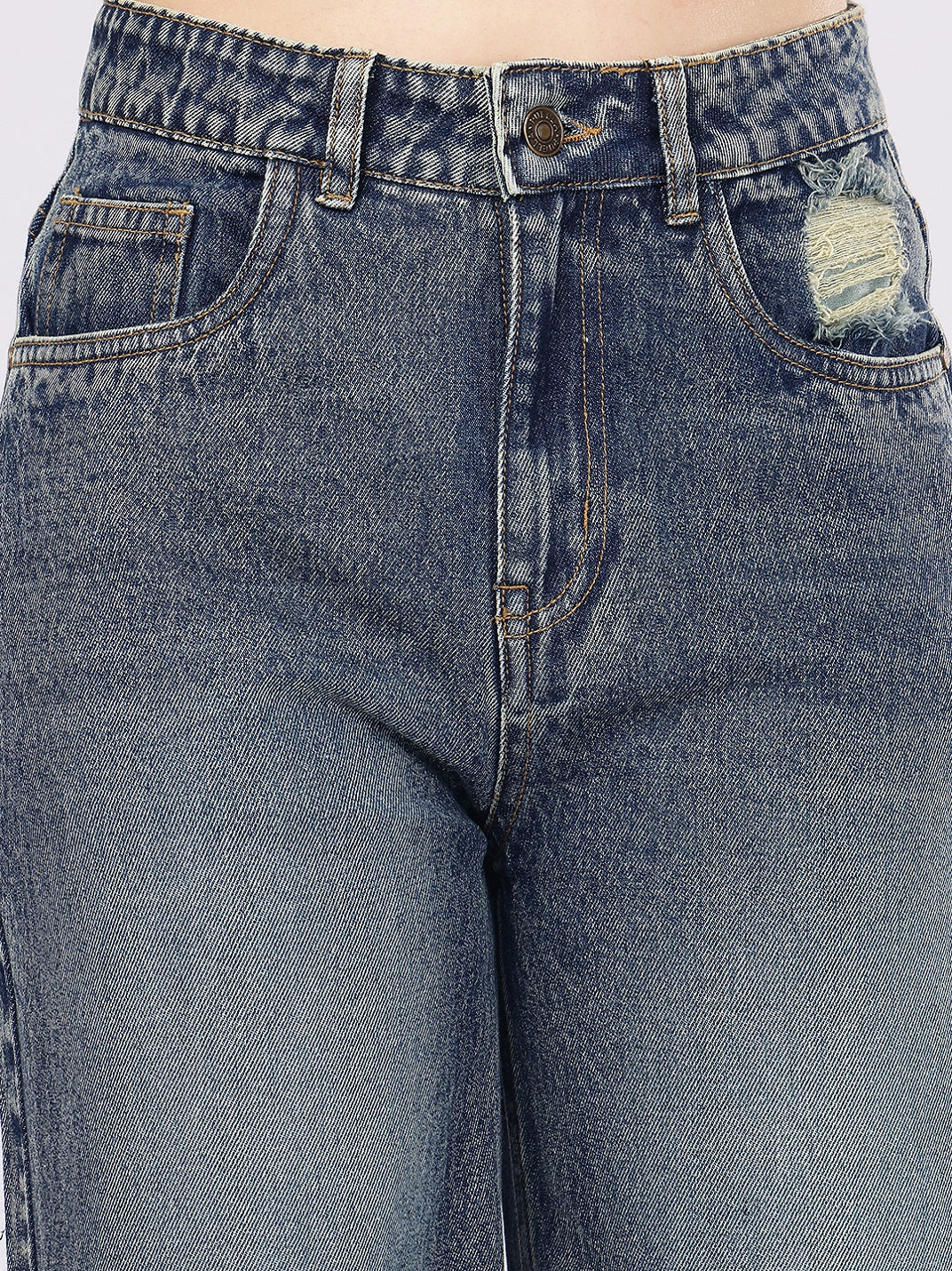 PUELLA Women's Acid Wash High-Rise Baggy Fit Jeans with Single Distress Detail