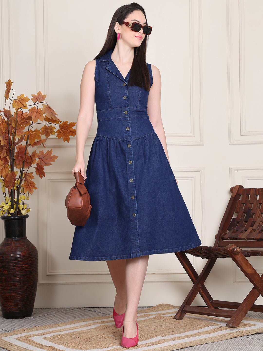 PUELLA Women’s Sleeveless Denim Collared A-Line Midi Dress with Button-Down Front