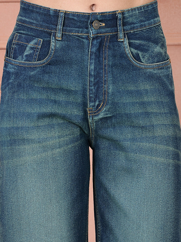 PUELLA Women Dark Green-Toned Washed High-Rise Wide-Leg Jeans