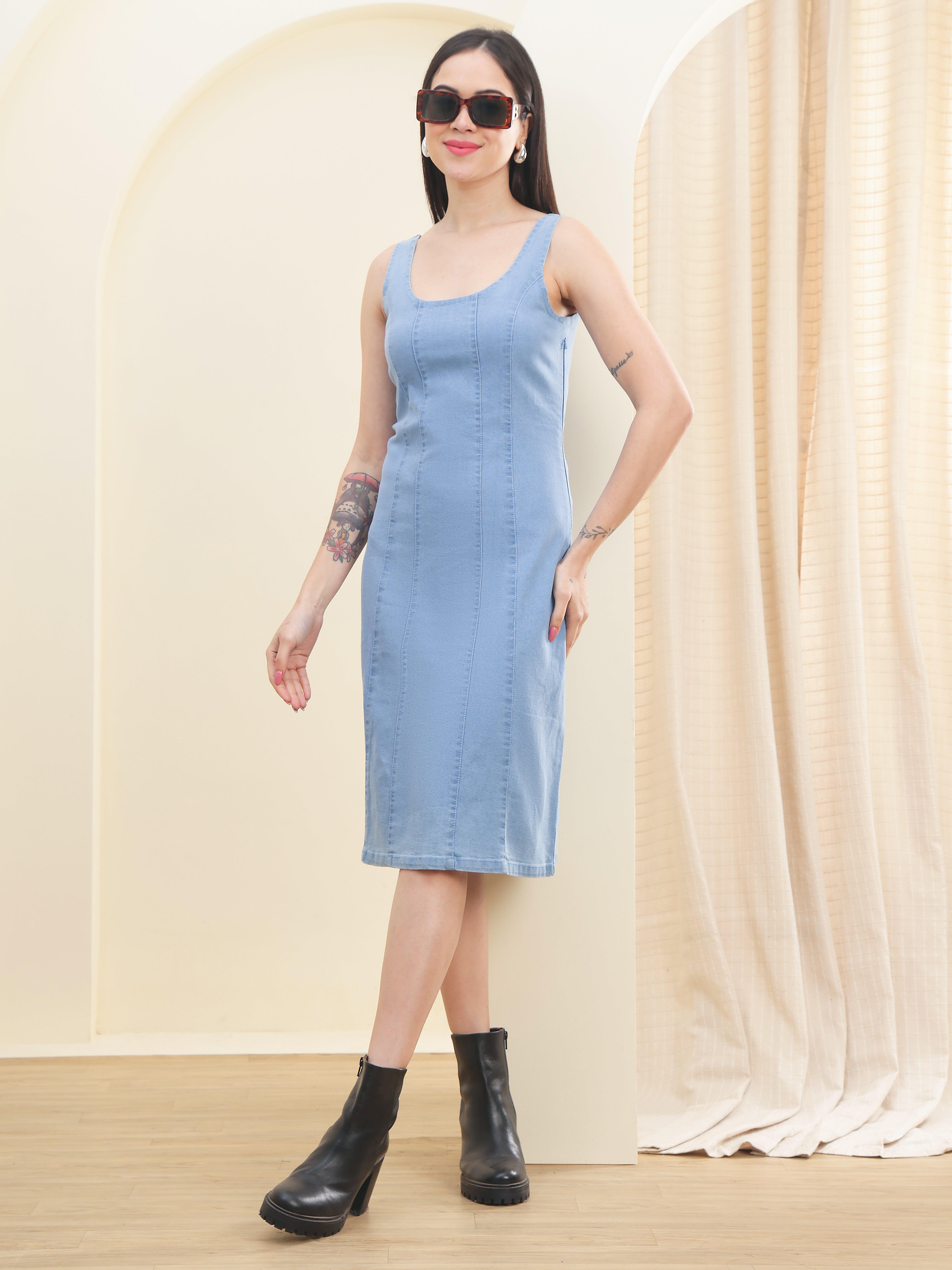 DOZER Light Blue Denim Bodycon Midi Dress