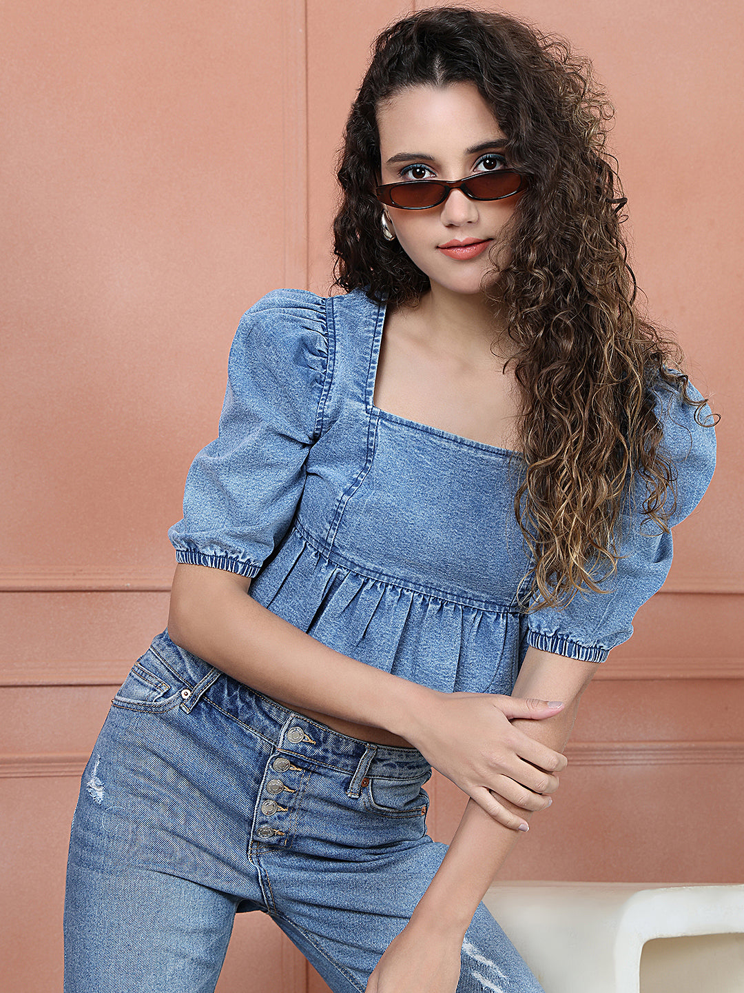 PUELLA Women’s Denim Puff Sleeve Peplum Crop Top – Stylish Square Neck Western Wear