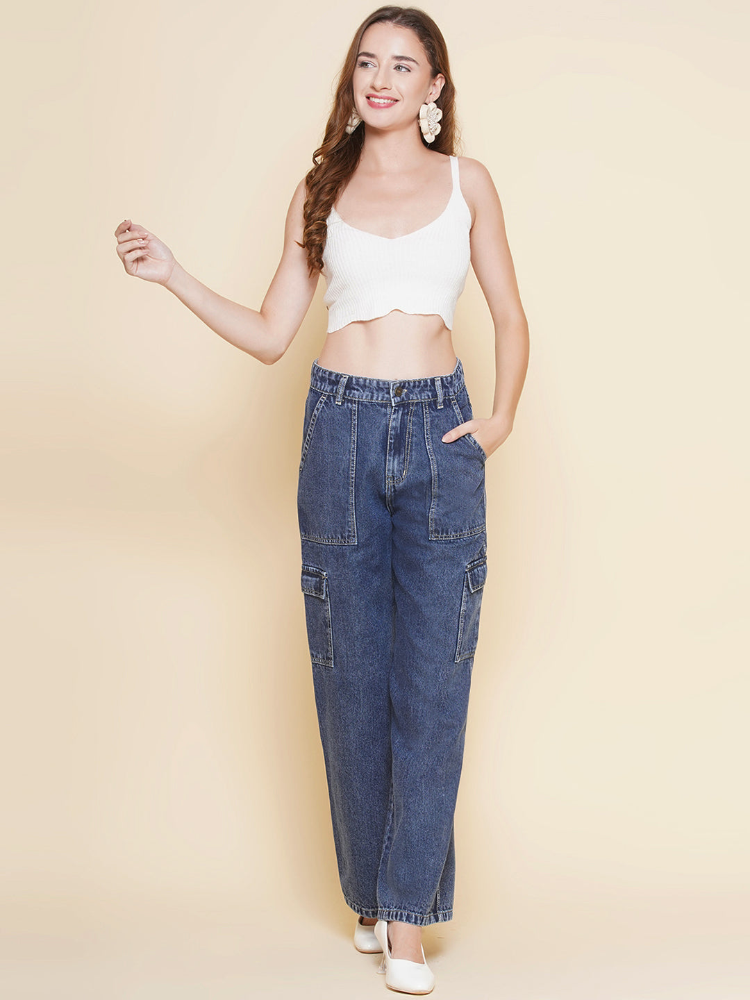 PUELLA Women’s Dark Blue Cargo Straight Fit stretchable Jeans  – Multi-Pocket Utility Denim