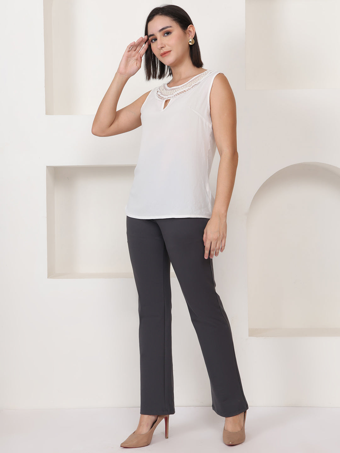 PUELLA Charcoal Knitted Straight-Fit Formal Pant