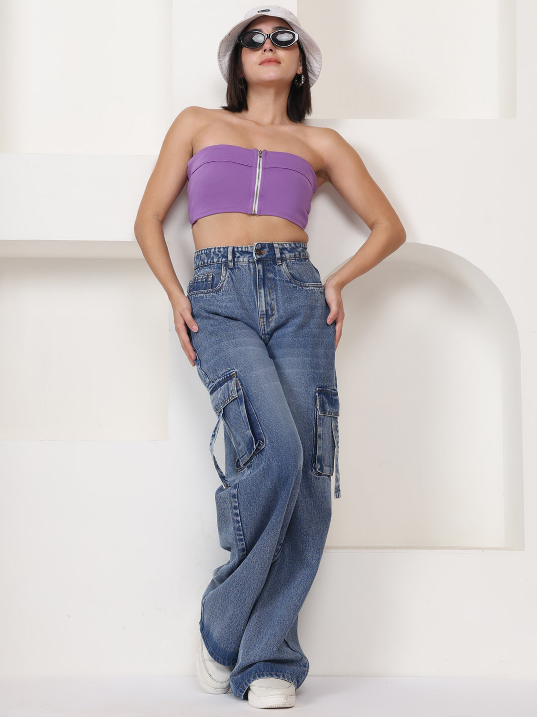 PUELLA Women Medium Blue High-Rise Baggy Cargo Jeans