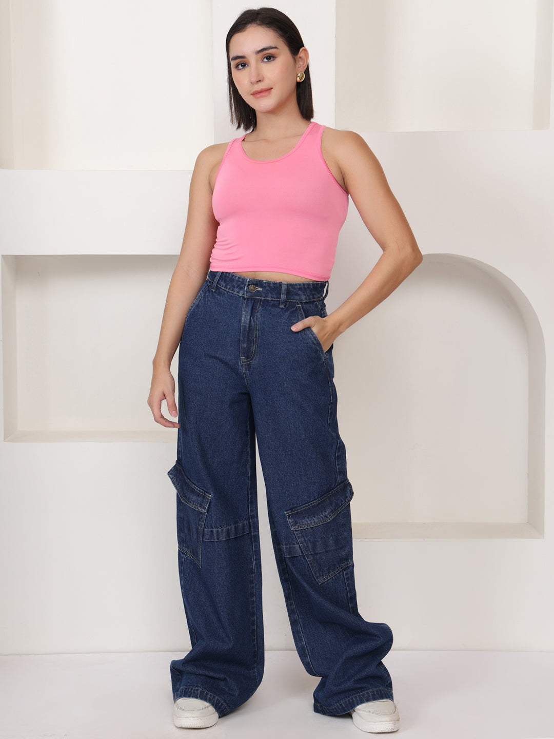 PUELLA Women Dark Blue No-Fade High-Rise Baggy Cargo Jeans