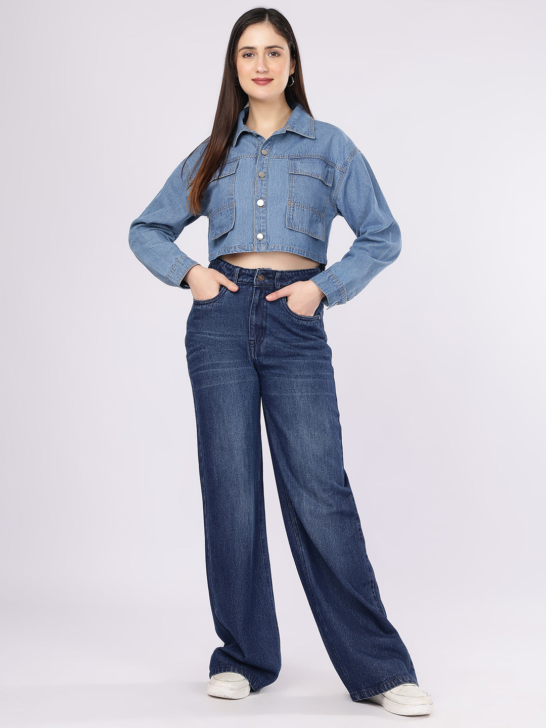 PUELLA Women's Light Blue Boxy Fit Cropped Denim Shirt