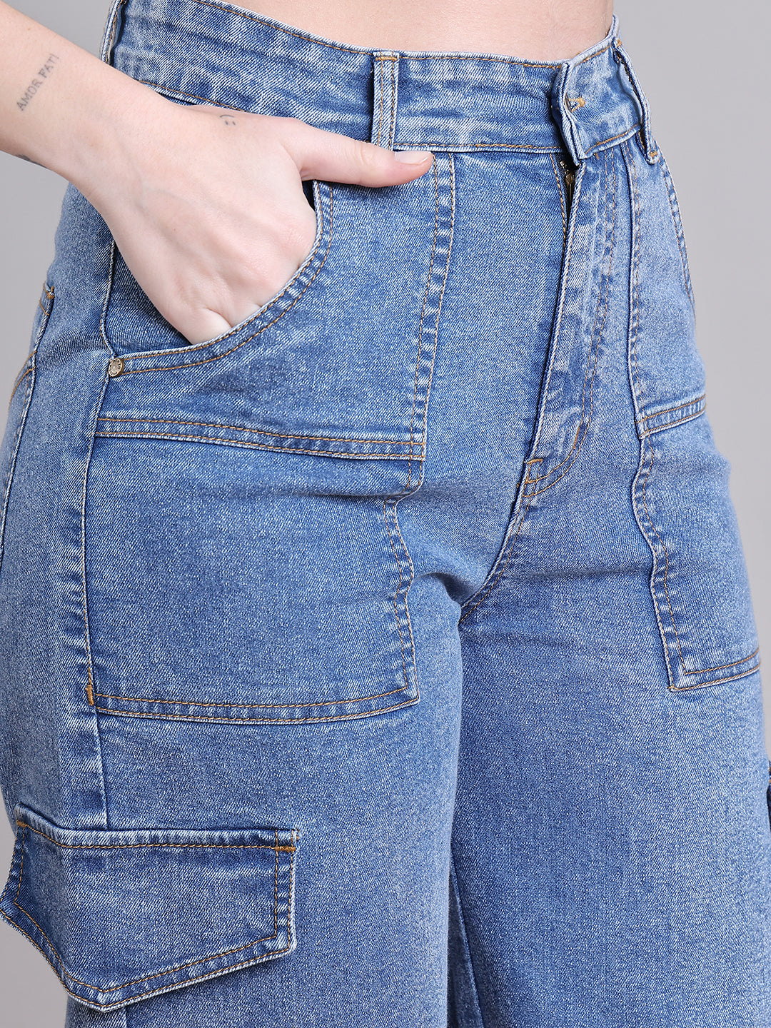 PUELLA Women Light Blue High-Rise Utility Cargo Wide-Leg Jeans