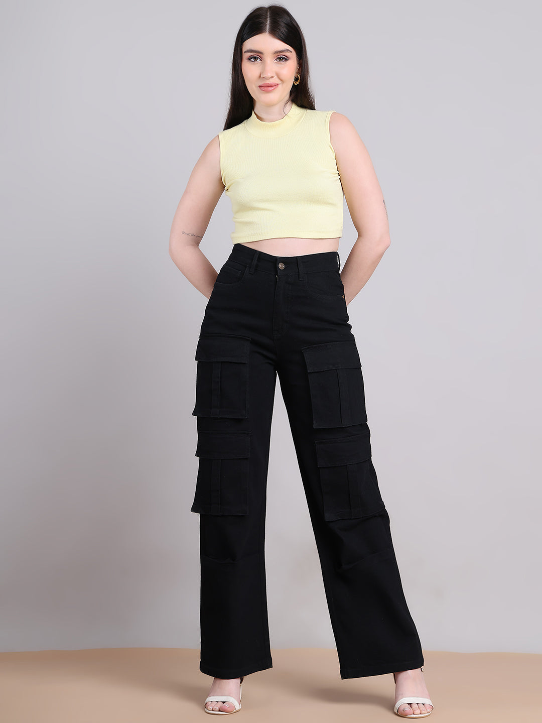 PUELLA Women Black High-Rise Multi-Pocket Cargo Wide-Leg Jeans