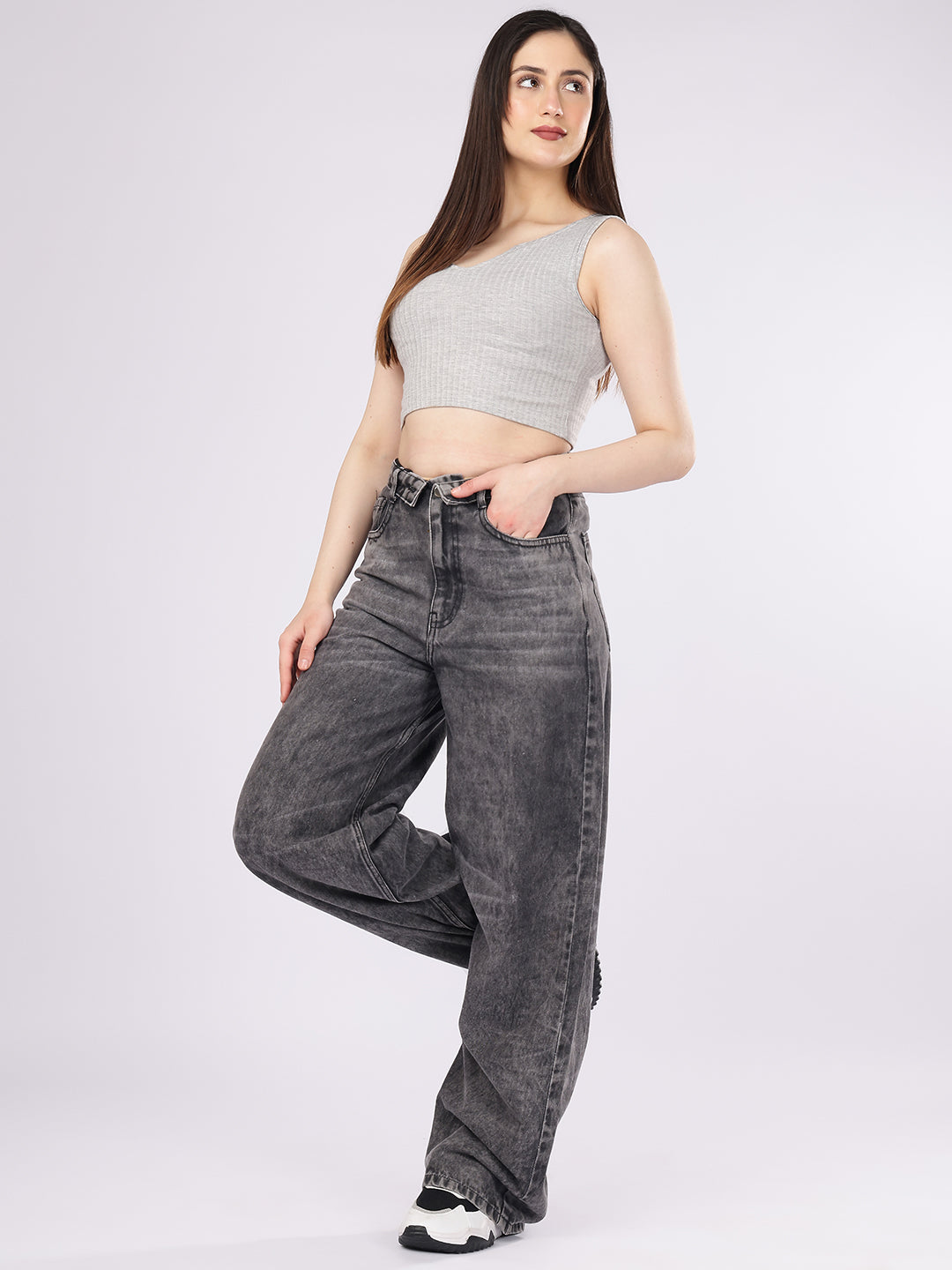 Women’s Grey High-Rise Loose Fit Denim Jeans