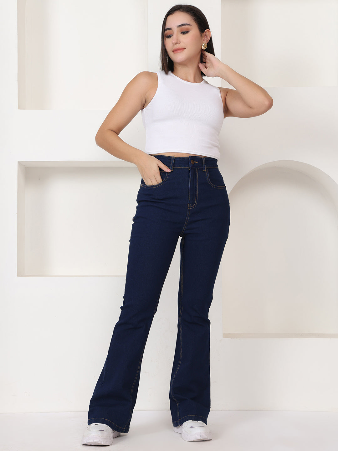 PUELLA Women Dark Blue High-Rise Bootcut Stretch Jeans