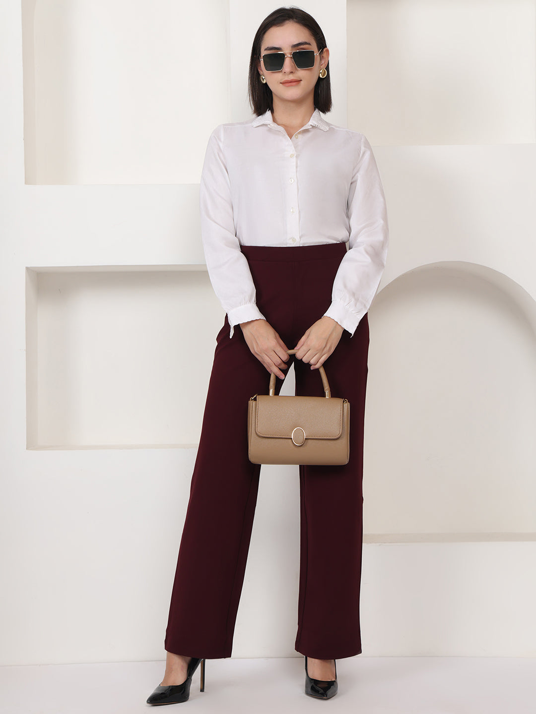 PUELLA Maroon High-Rise Wide-Leg Formal Trousers