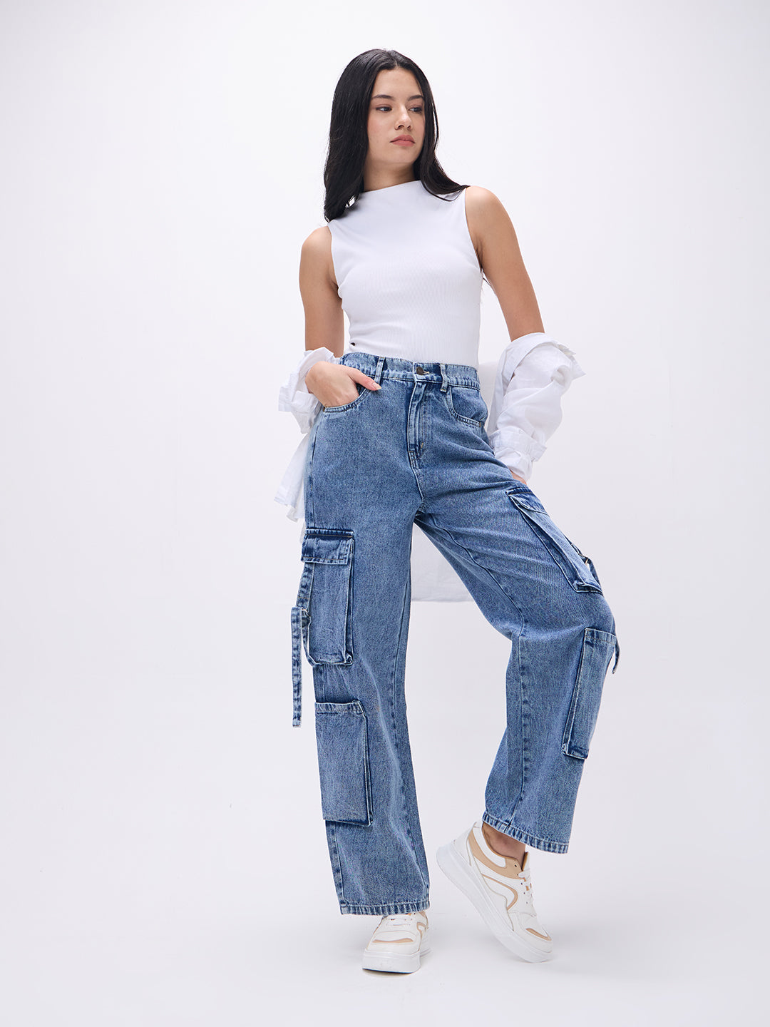 PUELLA Women High-Rise Light Blue Cargo Wide-Leg Jeans