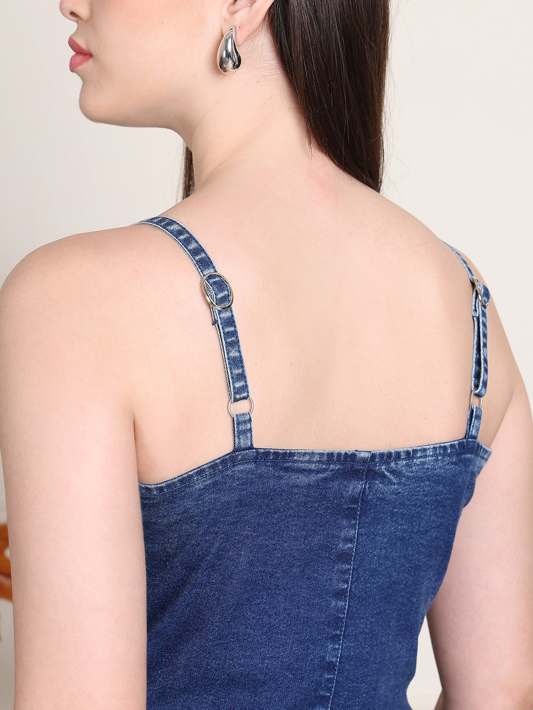 PUELLA Women’s Strappy Denim Maxi Dress with Front Slit & Button Detailing