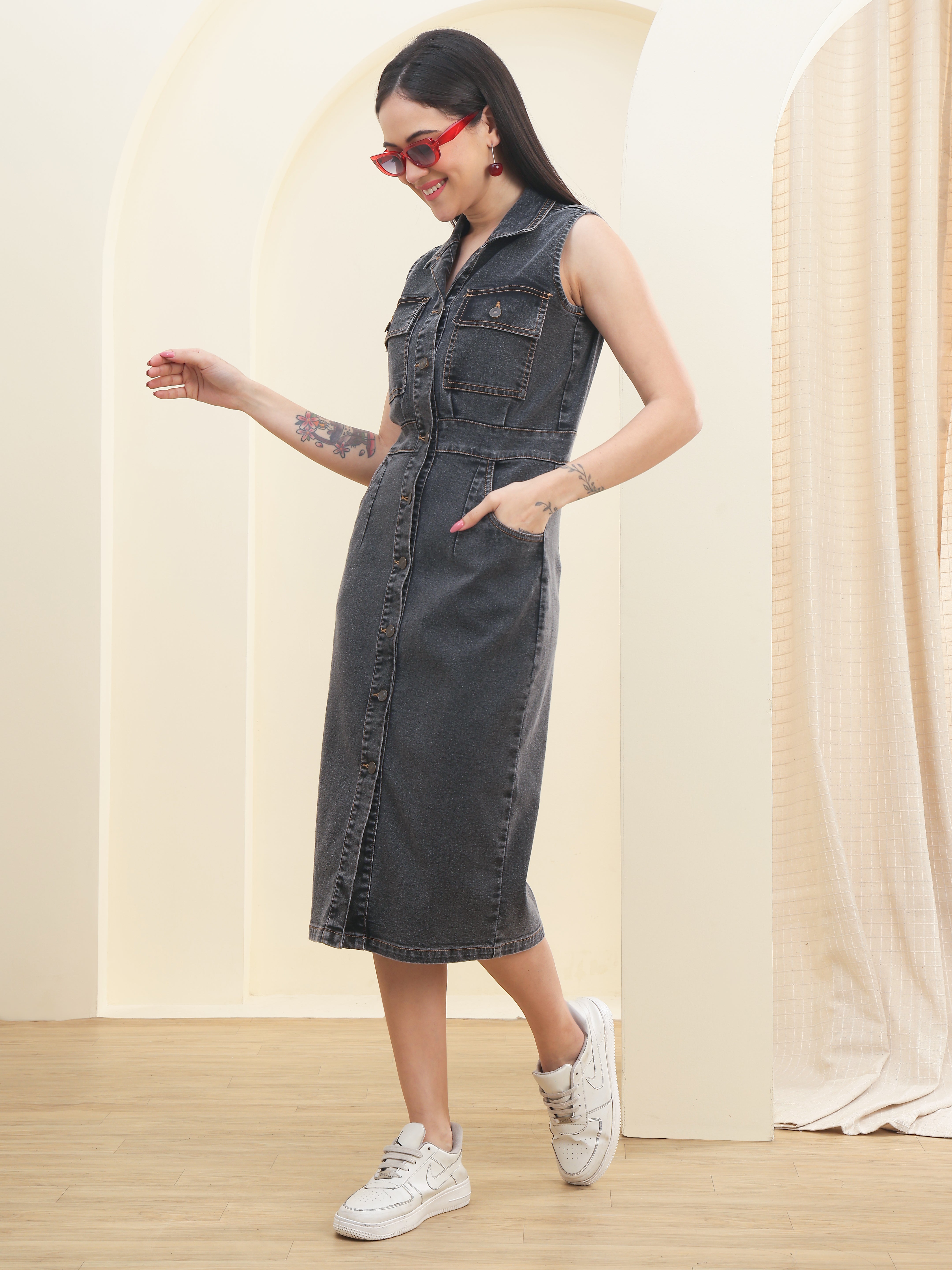 DOZER Charcoal Grey Denim Maxi Sheath Dress