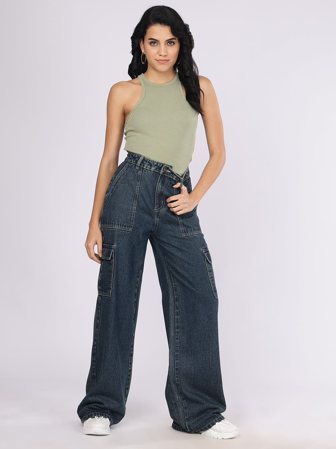 Women’s Dark Blue High-Rise Baggy Cargo Denim Jeans
