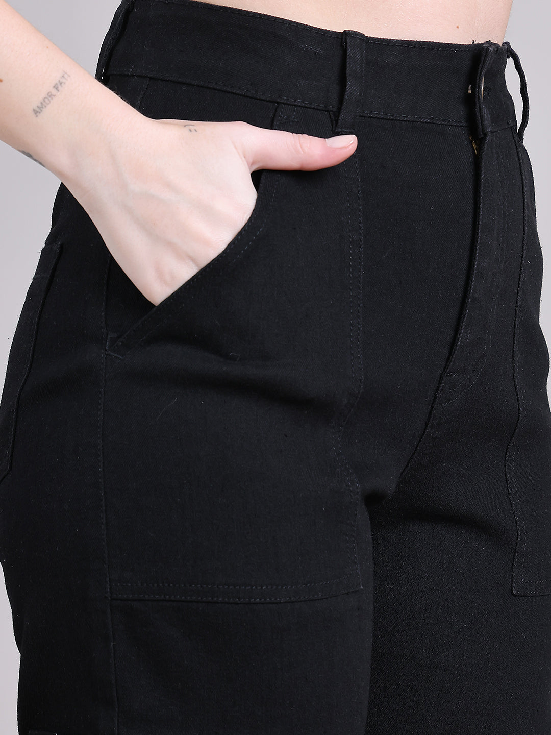 PUELLA Women Black High-Rise Cargo Wide-Leg Jeans