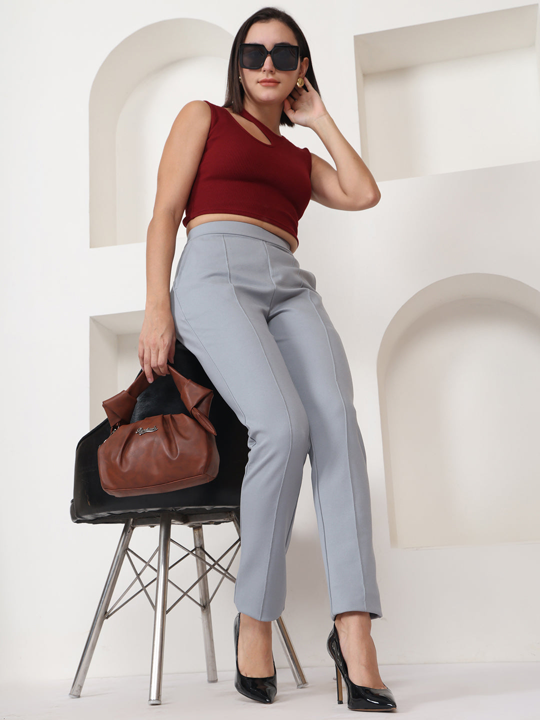 PUELLA Women’s Grey High-Rise Knitted Formal Pants