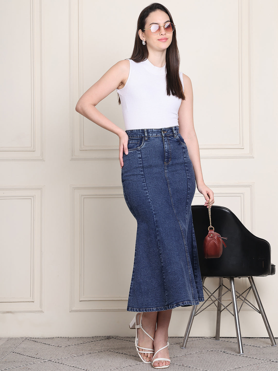 PUELLA Women's Blue Solid Flared Midi Denim Skirt