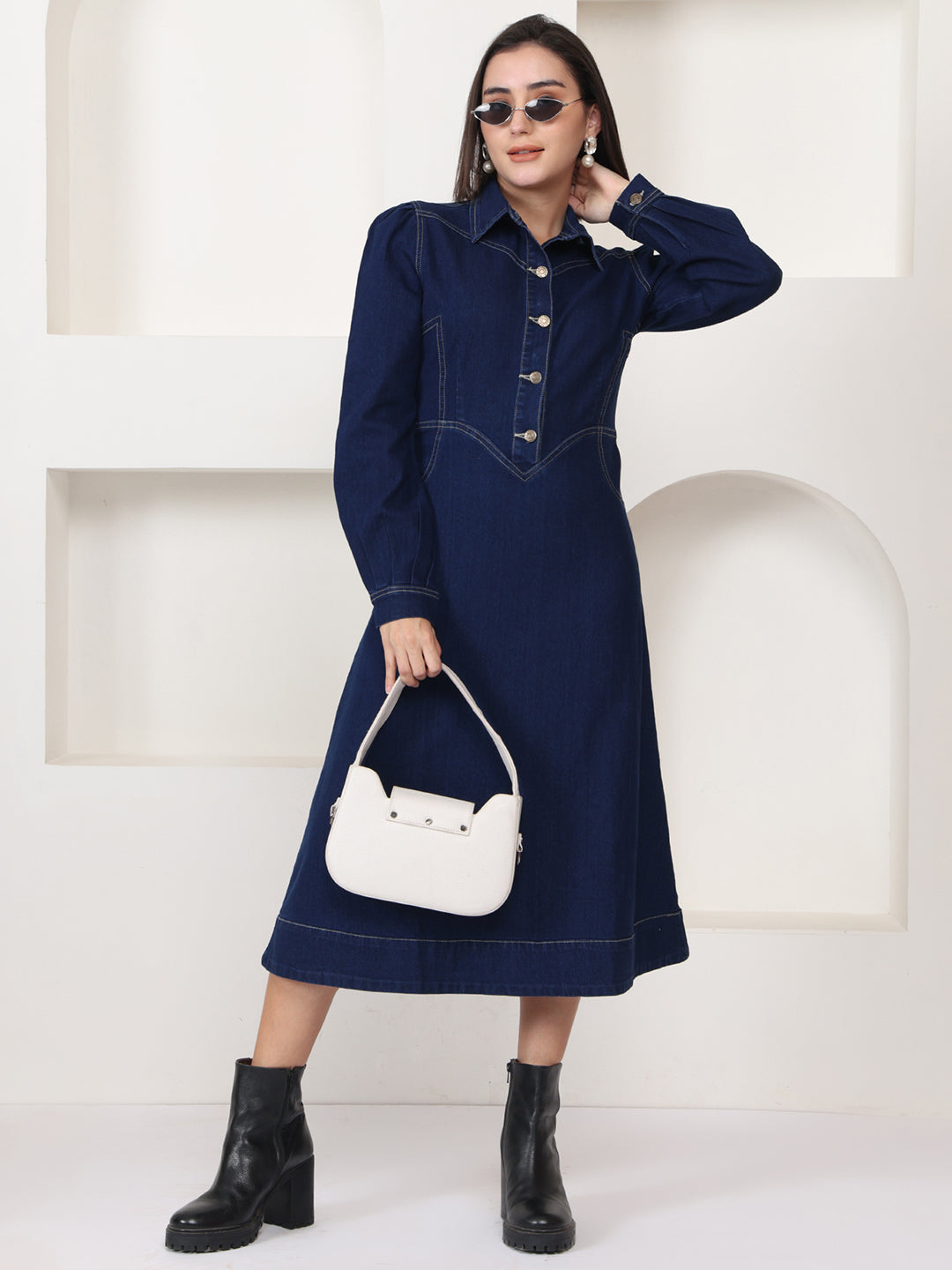 PUELLA Navy Blue Solid Denim Shirt-Collar A-Line Midi Dress
