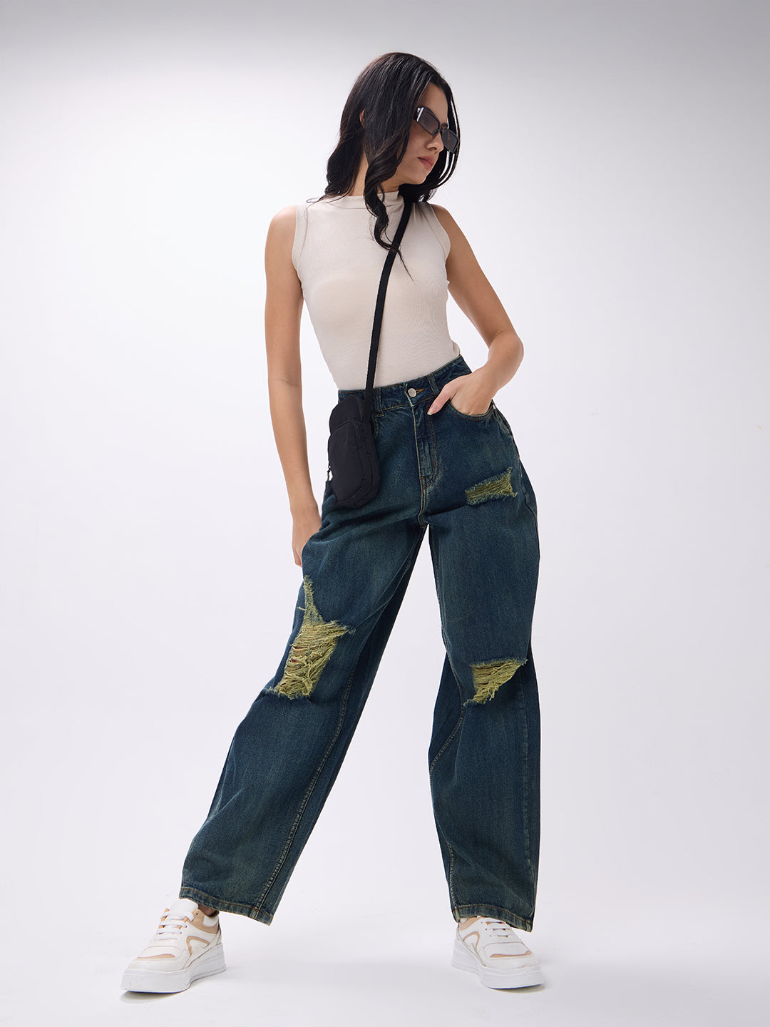 PUELLA Women High-Rise Dark Blue Distressed Wide-Leg Jeans