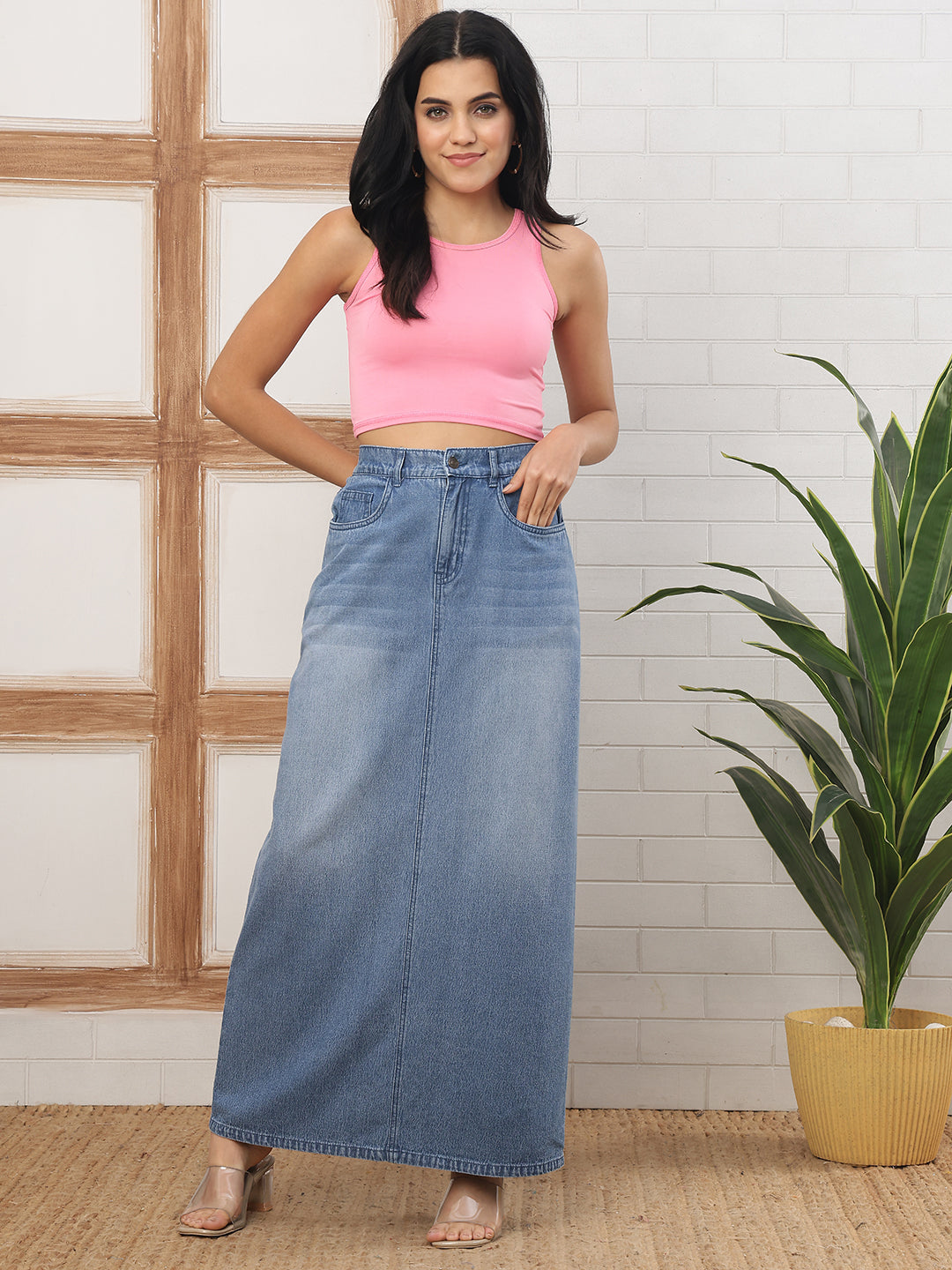 Women’s Mid Blue High-Rise Denim Long Skirt