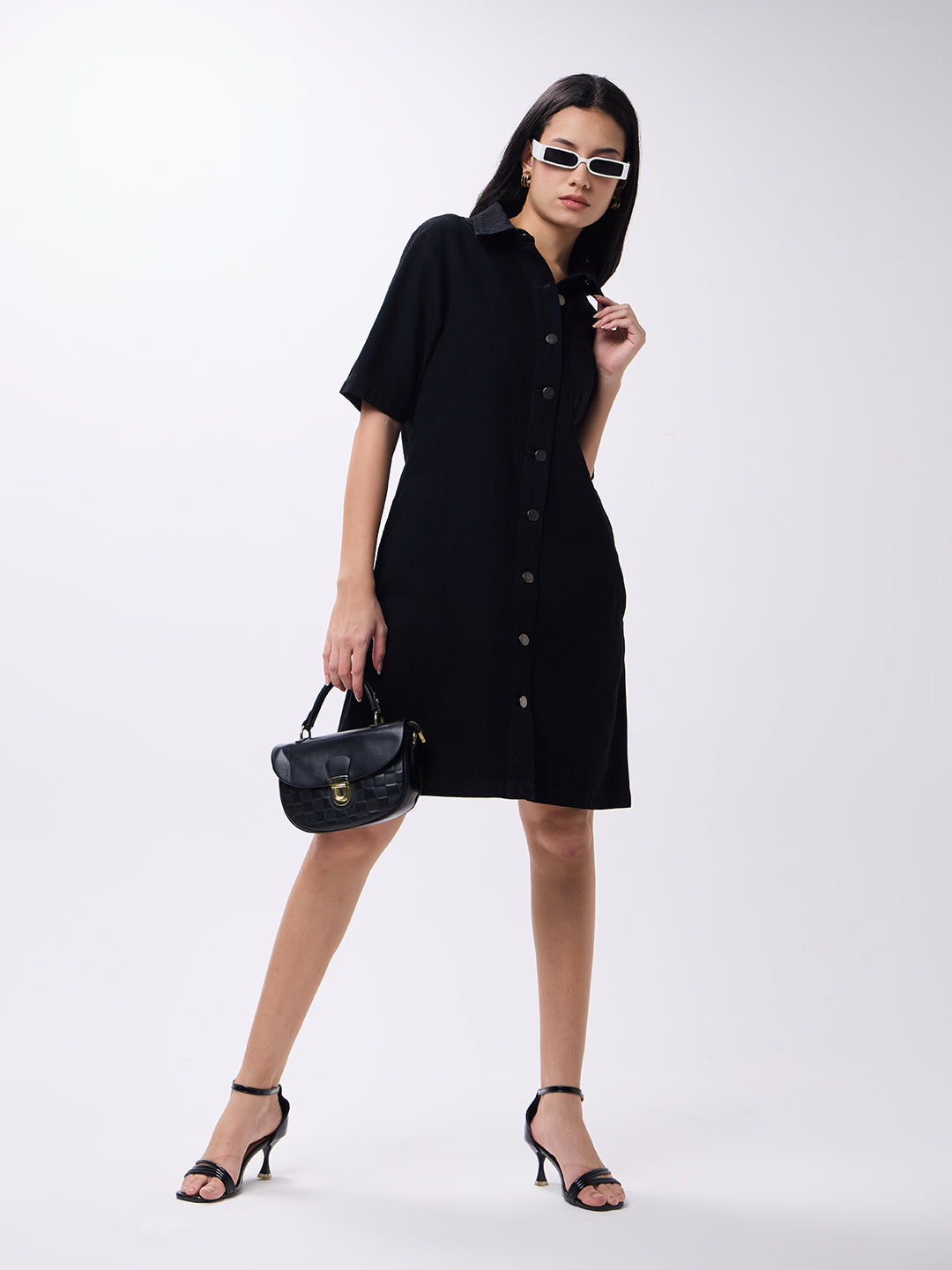 PUELLA Women’s Black Denim Shirt Dress with Half Sleeves & Button-Down Front