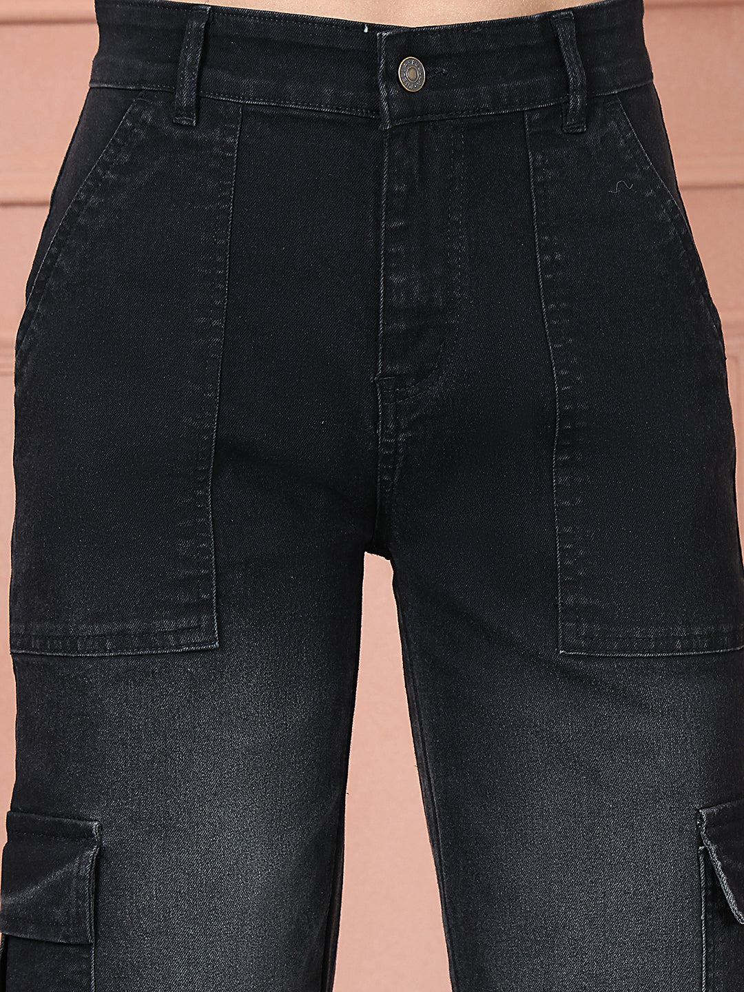 PUELLA Women Black High-Rise Cargo Wide-Leg Jeans