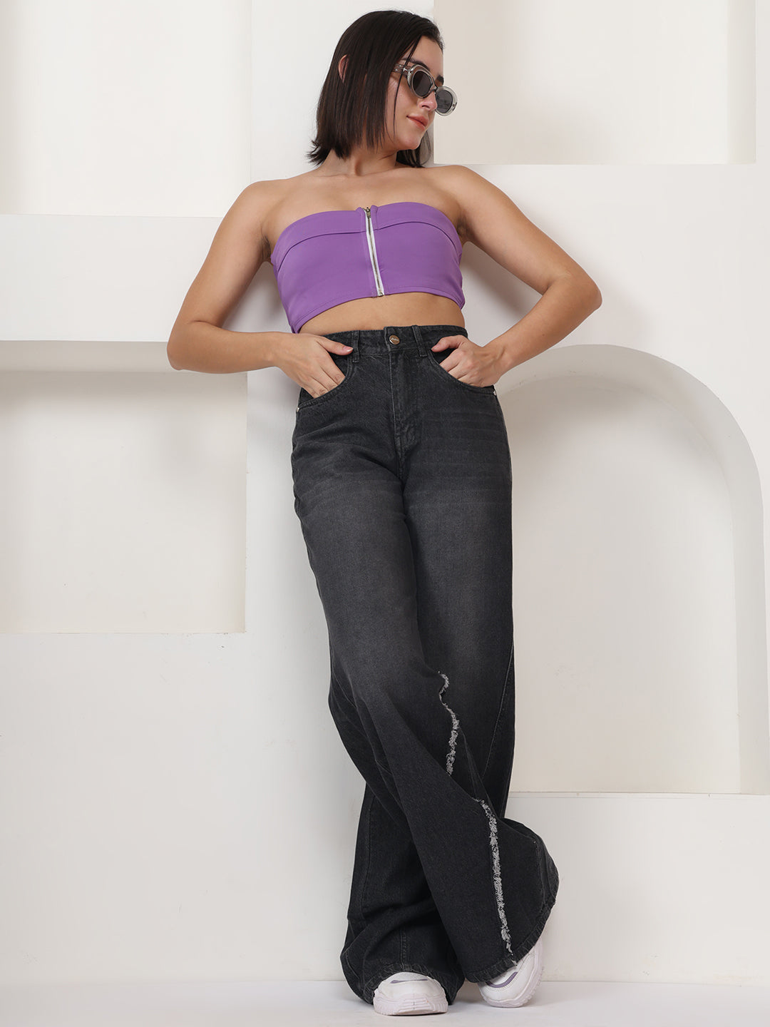 PUELLA Women Dark Grey High-Rise Wide Leg Jeans