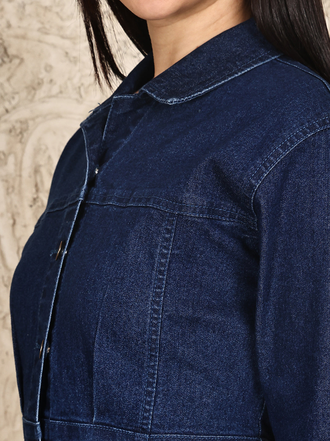 PUELLA Women’s Dark Blue Button-Down Denim Shirt Dress with Long Sleeves