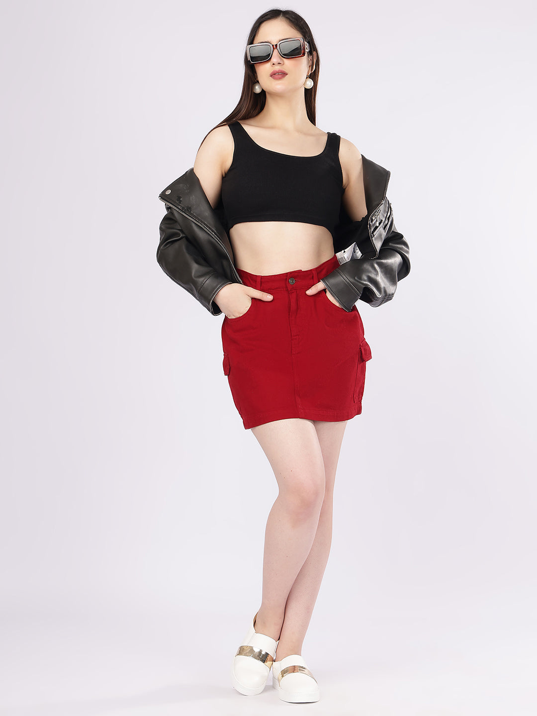 Women’s Maroon Utility-Detail Denim Mini Skirt