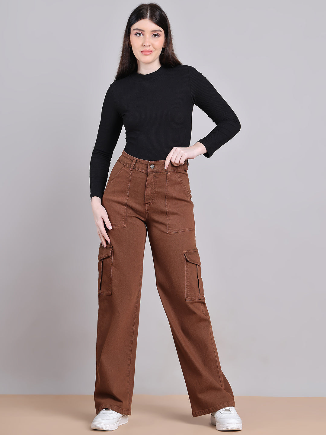 PUELLA Women Brown High-Rise Cargo Wide-Leg Jeans