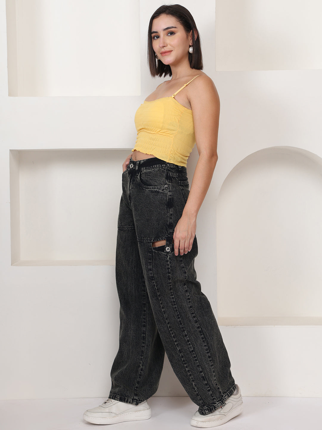 PUELLA Women Dark Charcoal Light-Fade High-Rise Wide-Leg Distressed Jeans